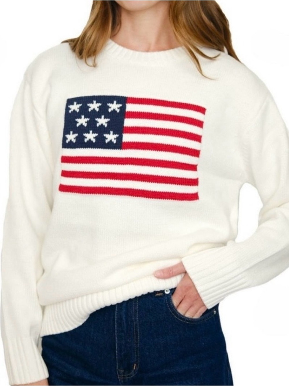 NWT Woman’s American Flag Knit Sweater Ivory Red Blue Large ❤️🇺🇸💙 (Sweater Only)